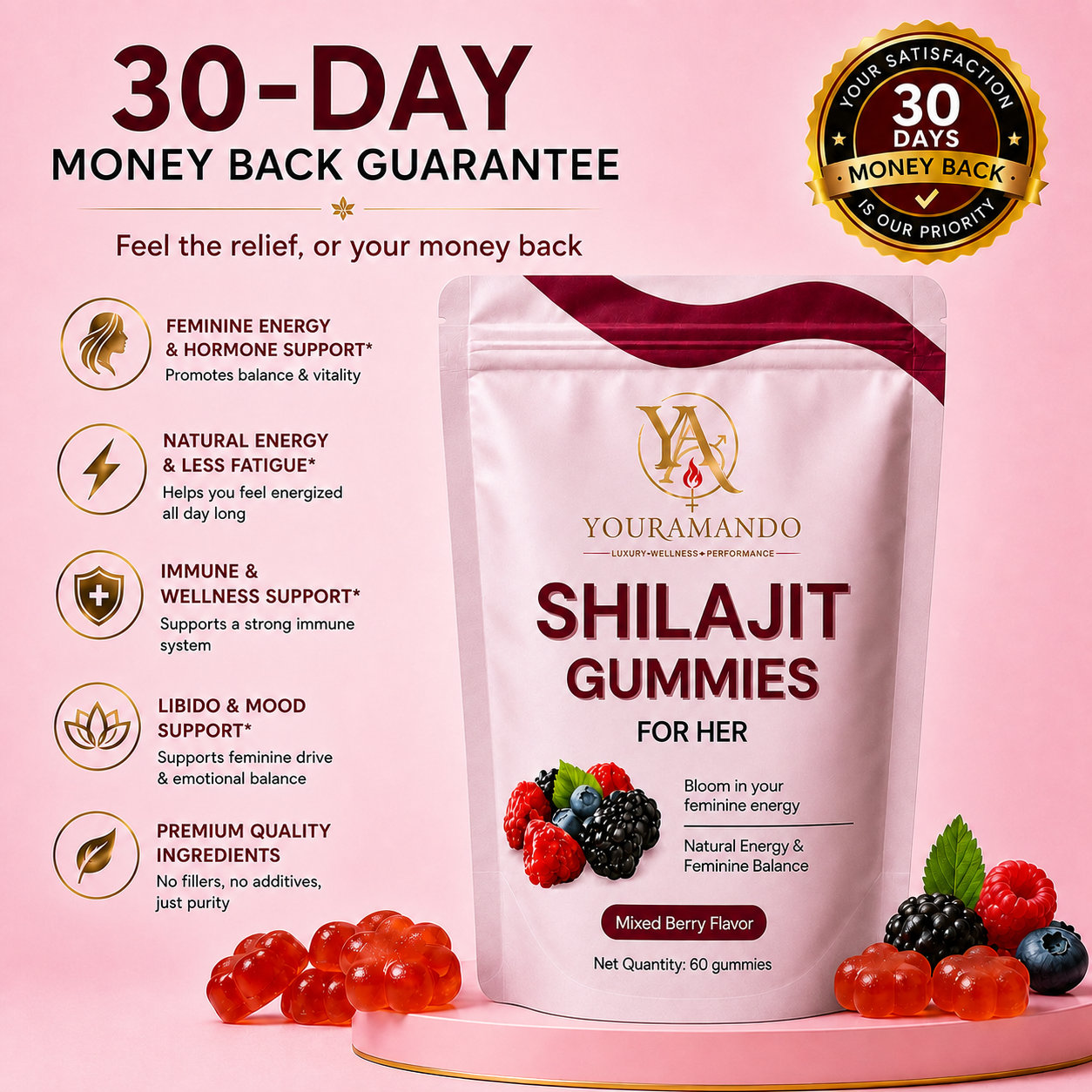 YOURAMANDO Shilajit Gummies for Her — 30-day money-back guarantee, 60 gummies