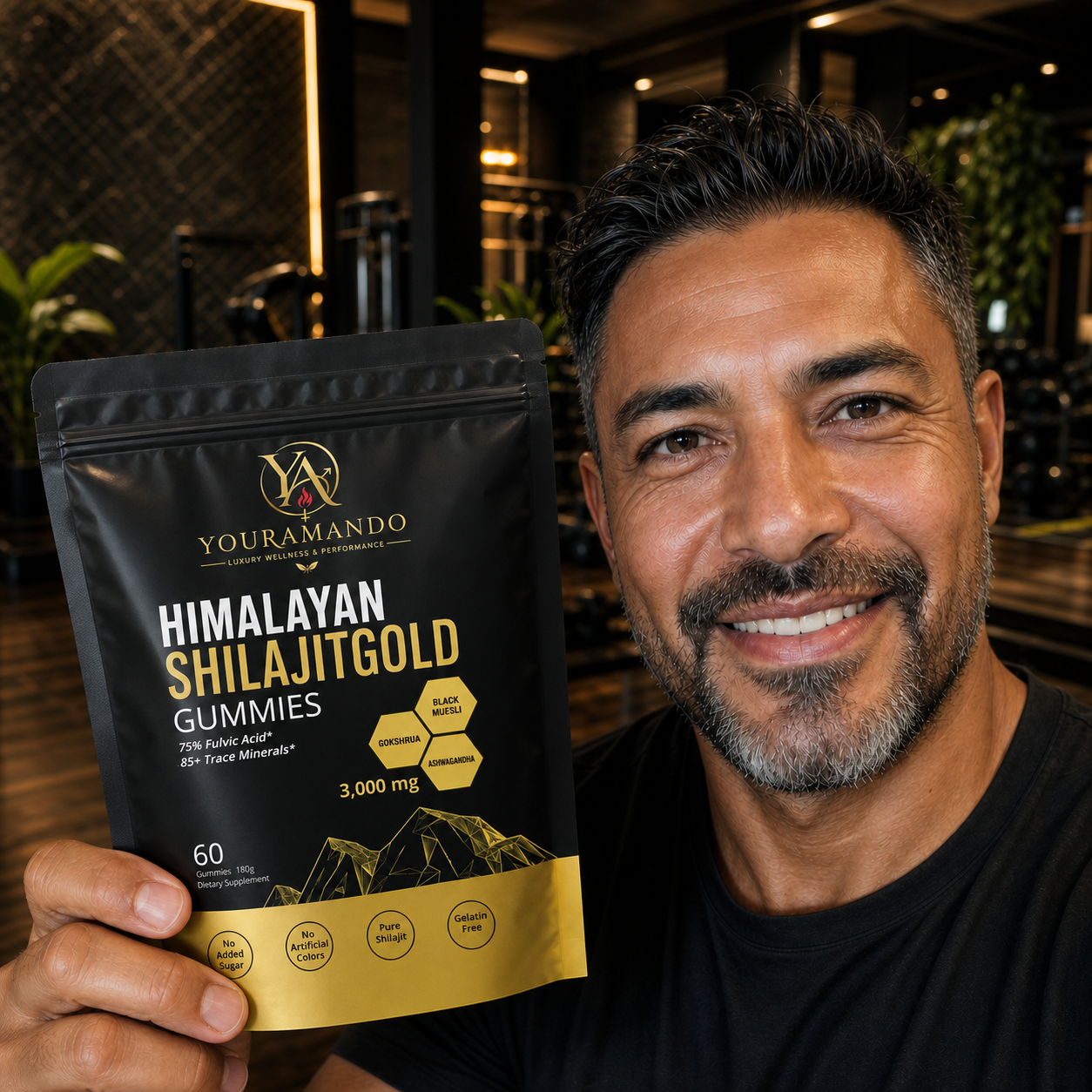 Customer holding a pouch of Shilajit Gold gummies